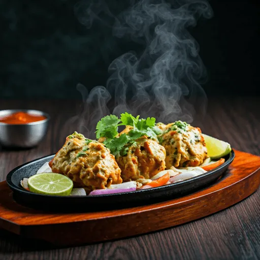 Gourmet Malai Chicken Kabab mit Kräutern angerichtet