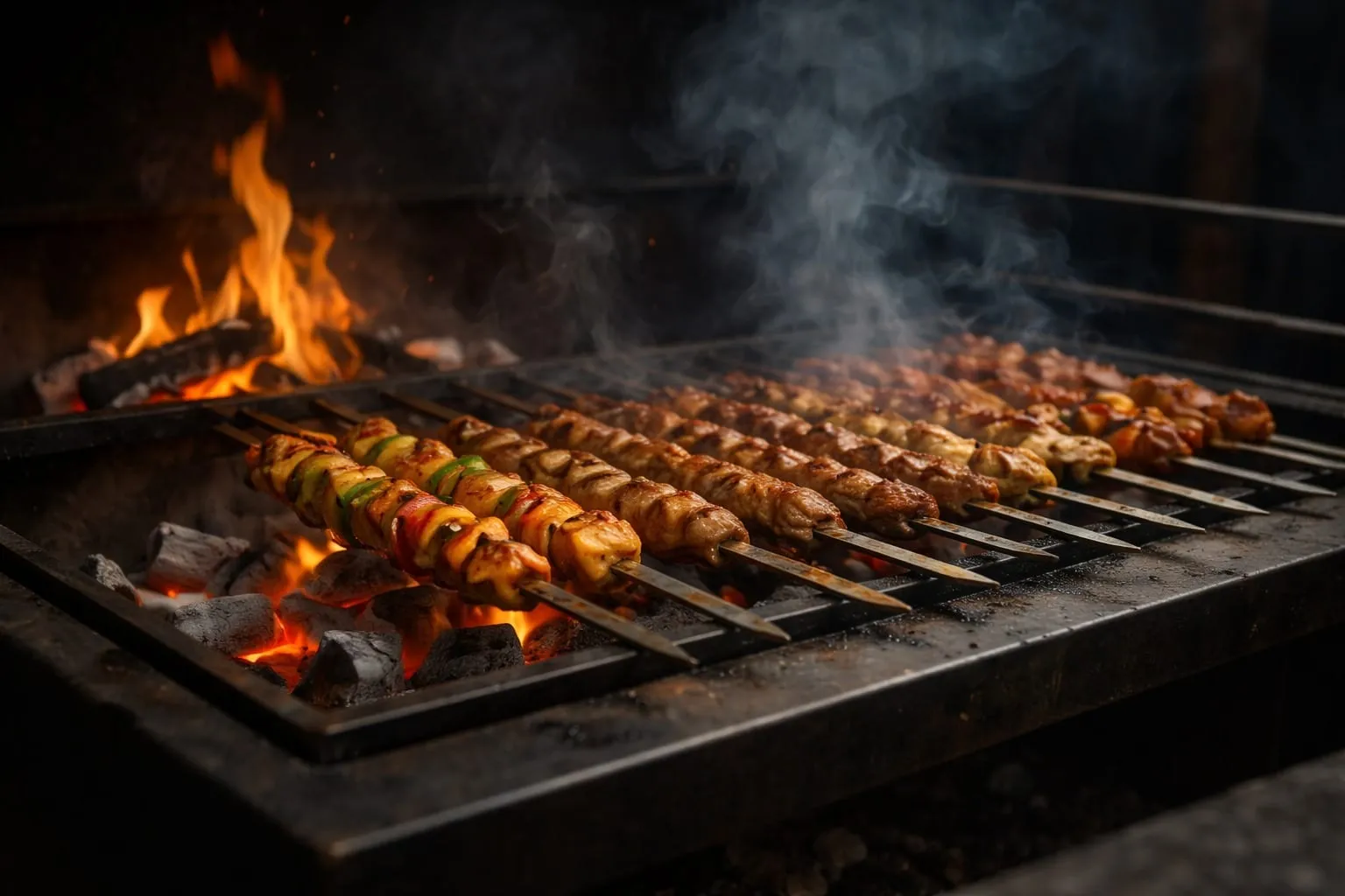 Kabab-Spieße über Holzkohle
