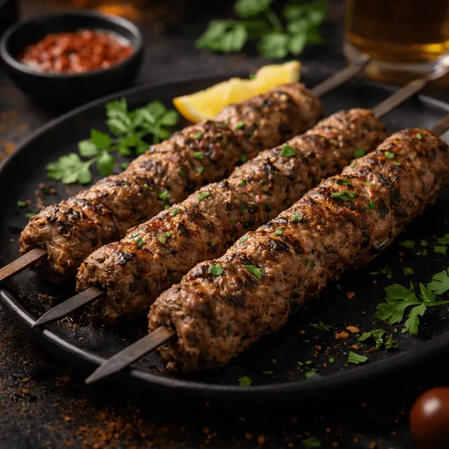 Seekh-Kabab aus Hackfleisch am flachen Spieß