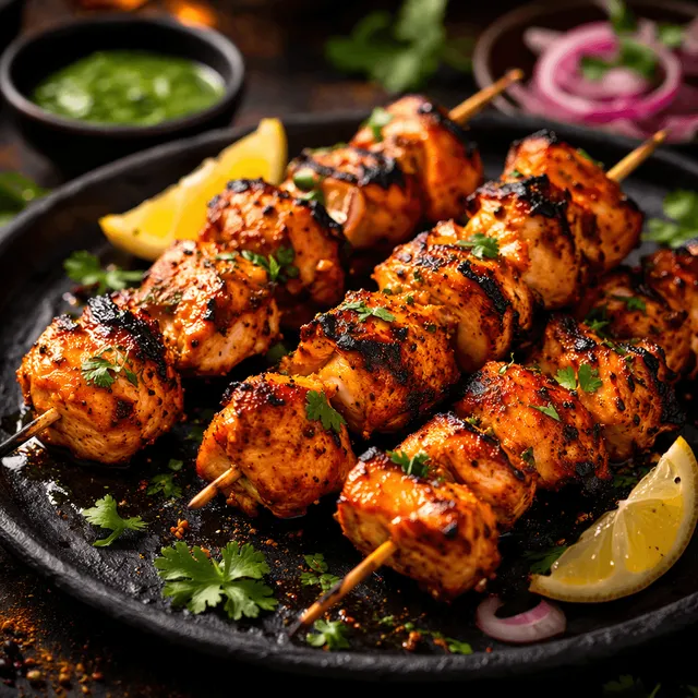 Marinierte Tikka-Stücke am Spieß geröstet