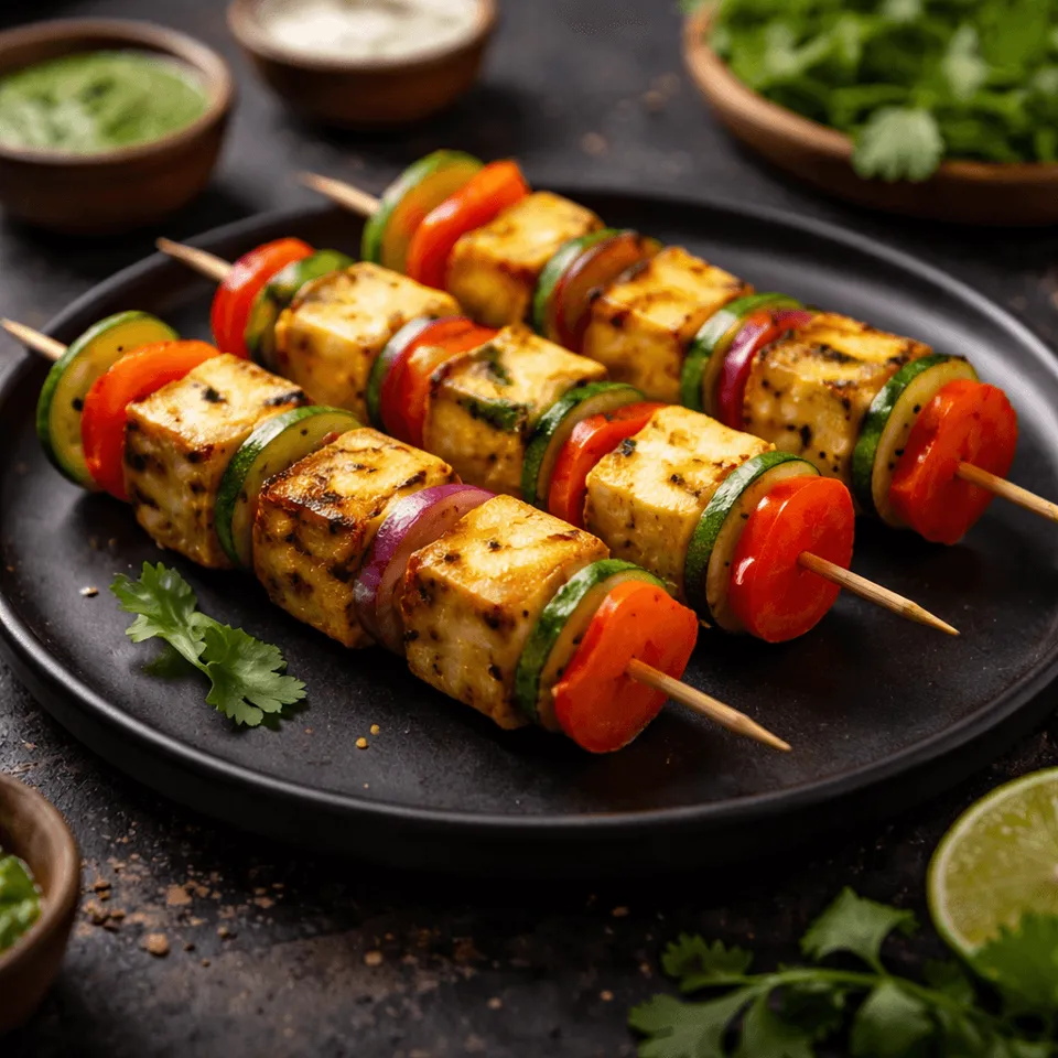 Vegetarische Kababs aus Paneer, Champignons und Paprika am Spieß