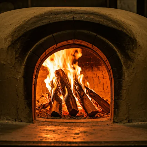 Lehmwände des Tandoor, vom Feuer im Inneren erhellt