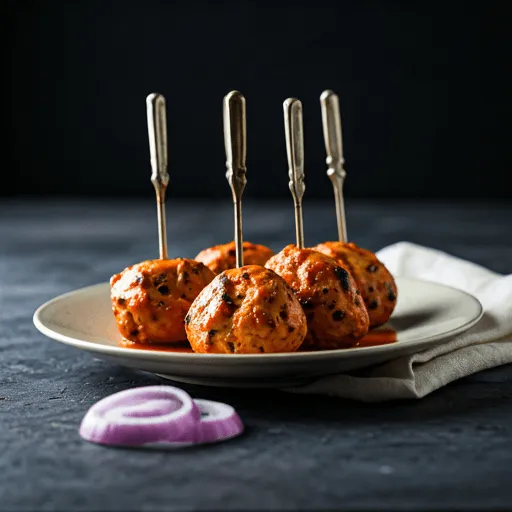 Marinierte Tikka-Stücke, rot leuchtend aus dem Tandoor